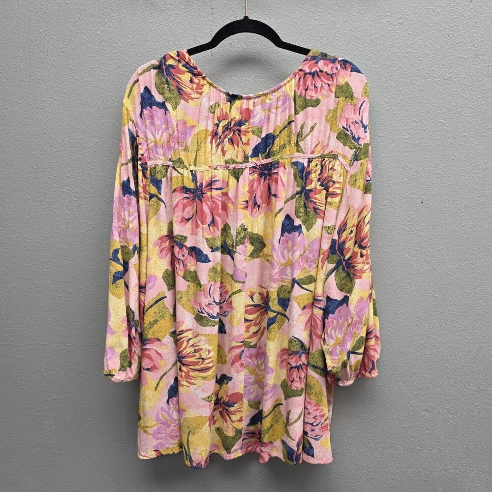 Terra & Sky Blouse Womens Plus 2X Pink Floral Poet Sleeve Boho Lightweight Top - Picture 4 of 10